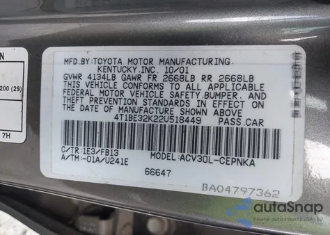 2002 Toyota Camry Le из США, поврежденный, VIN 4T1BE32K22U518449